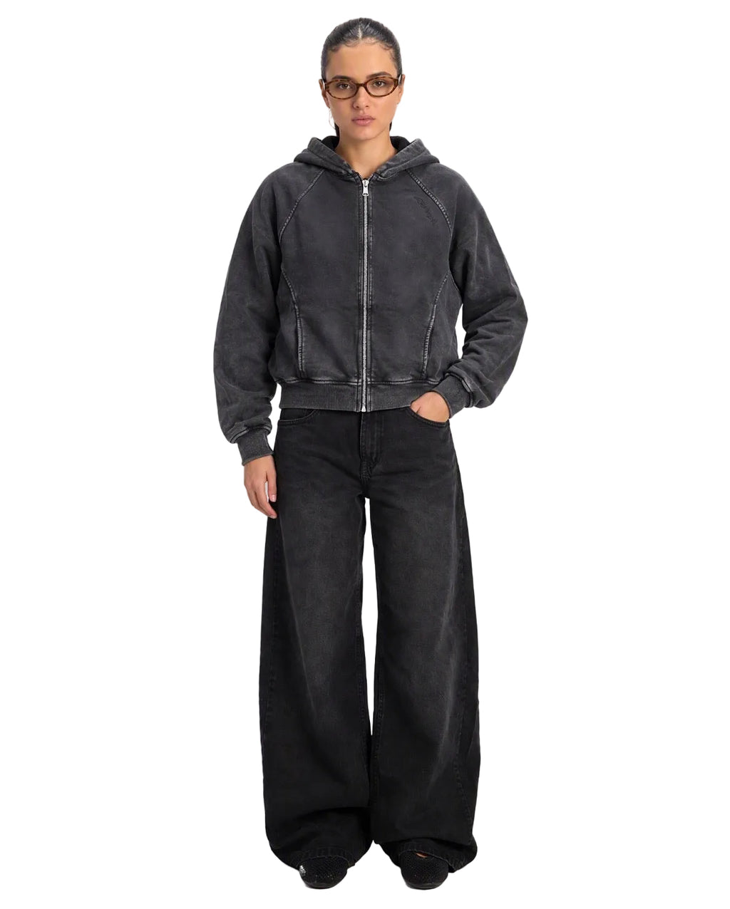Women’s Cropped Zip-Up Washed Black